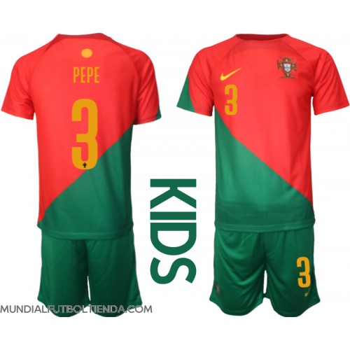 Camiseta Portugal Pepe #3 Primera Equipación Replica Mundial 2022 para niños mangas cortas (+ Pantalones cortos)